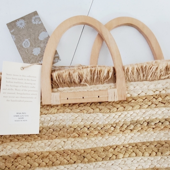 Antik Kraft Striped Jute Tote Ivory Large Beach Coastal Wood Handle Bag NEW - Picture 6 of 14